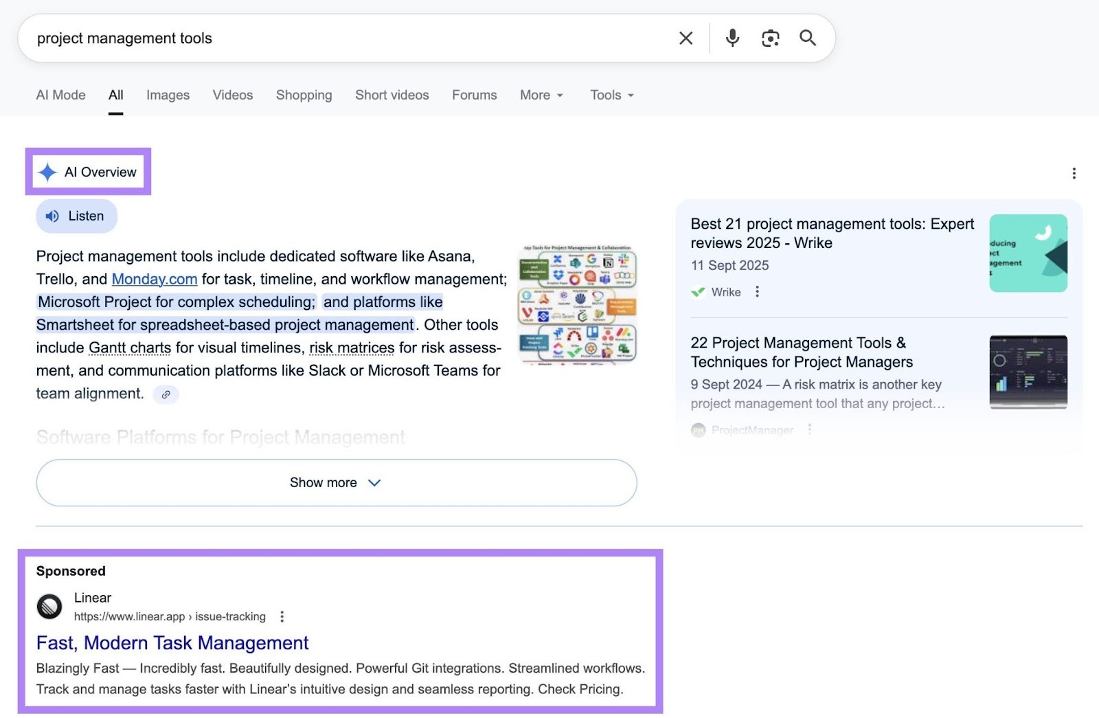 Google SERP for the query "project management tools" with an AI Overview appearing as the top result followed by a sponsored result.