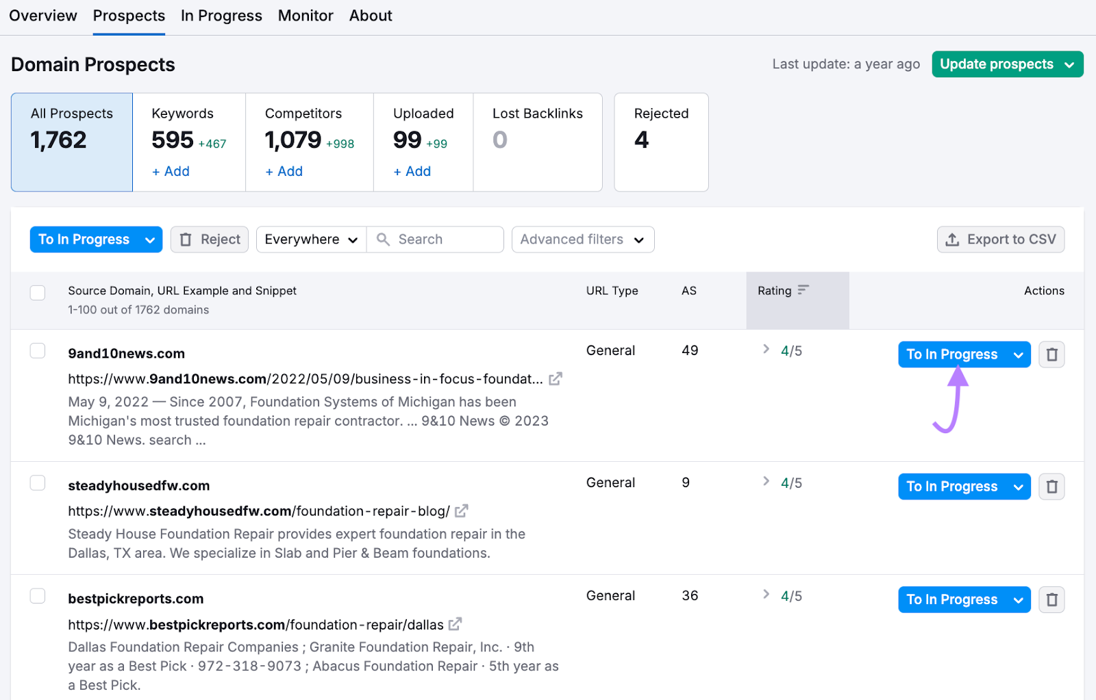 The Link Building Tool's "Prospects" tab allows you to send prospects to the "In Progress" tab to contact.