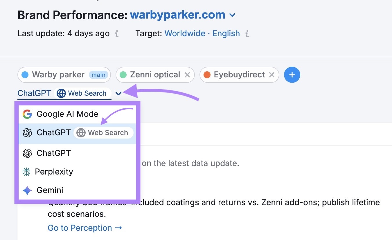 Brand Performance report with "ChatGPT Web Search" selected as the model from the drop-down.