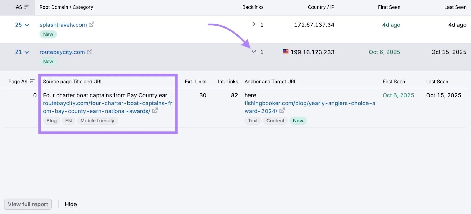 The source page title and URL of a backlink from a new referring domain highlighted on the Backlink Analytics tool.