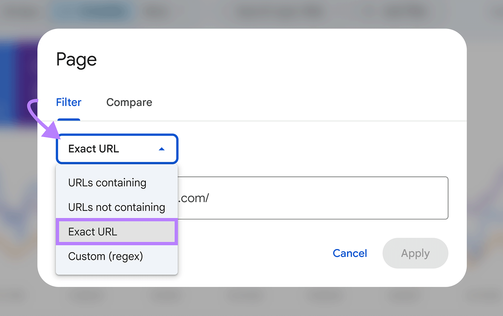 Google Search Console filter box with “Exact URL” option selected and an arrow pointing to the dropdown