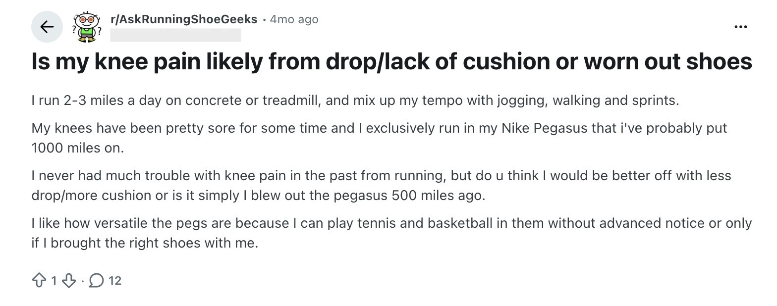 A Reddit post where a user is asking whether knee pain is related to a lack of cushion or worn out shoes.