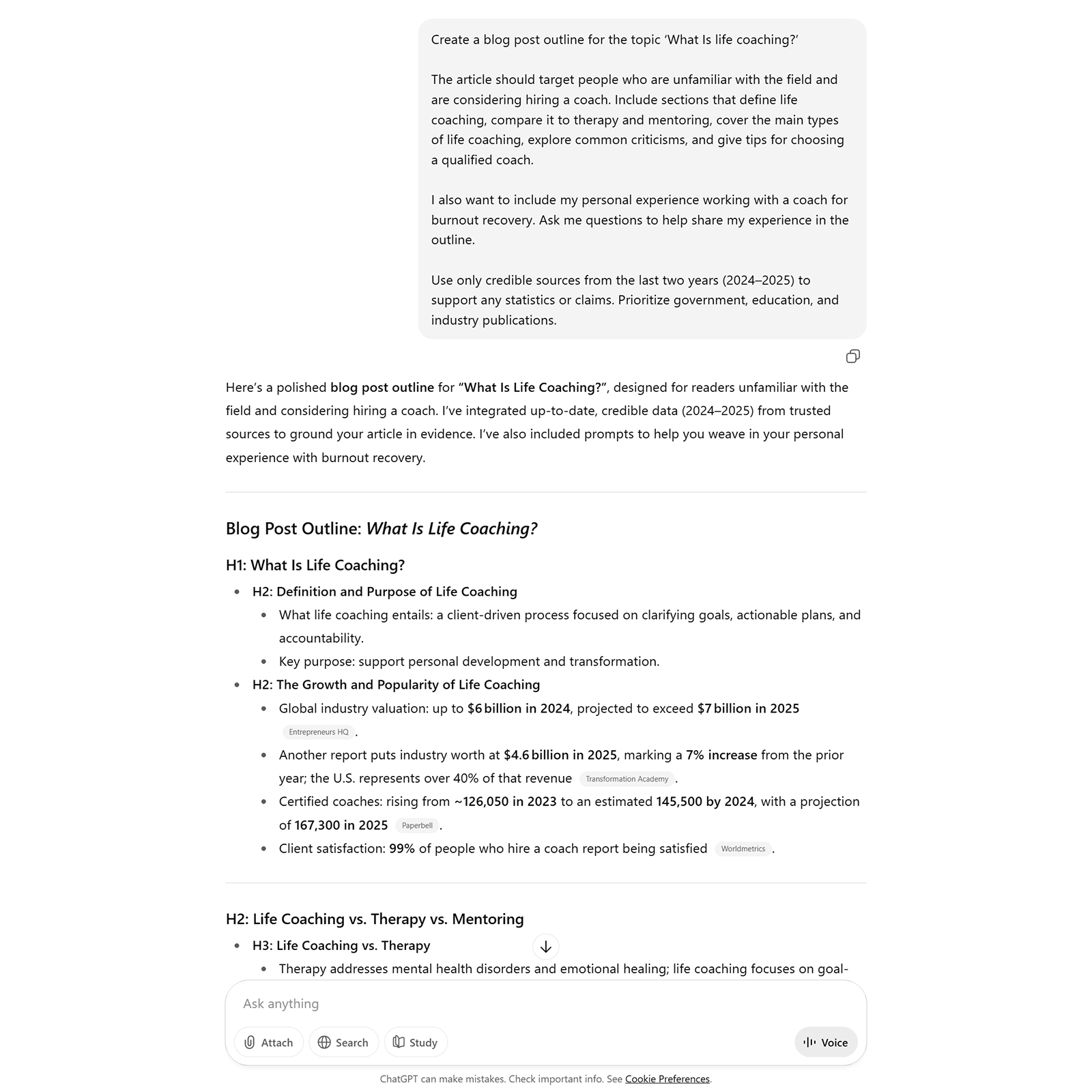 ChatGPT generating a blog post outline for “What is Life Coaching?” with sections, data, and key bullet points