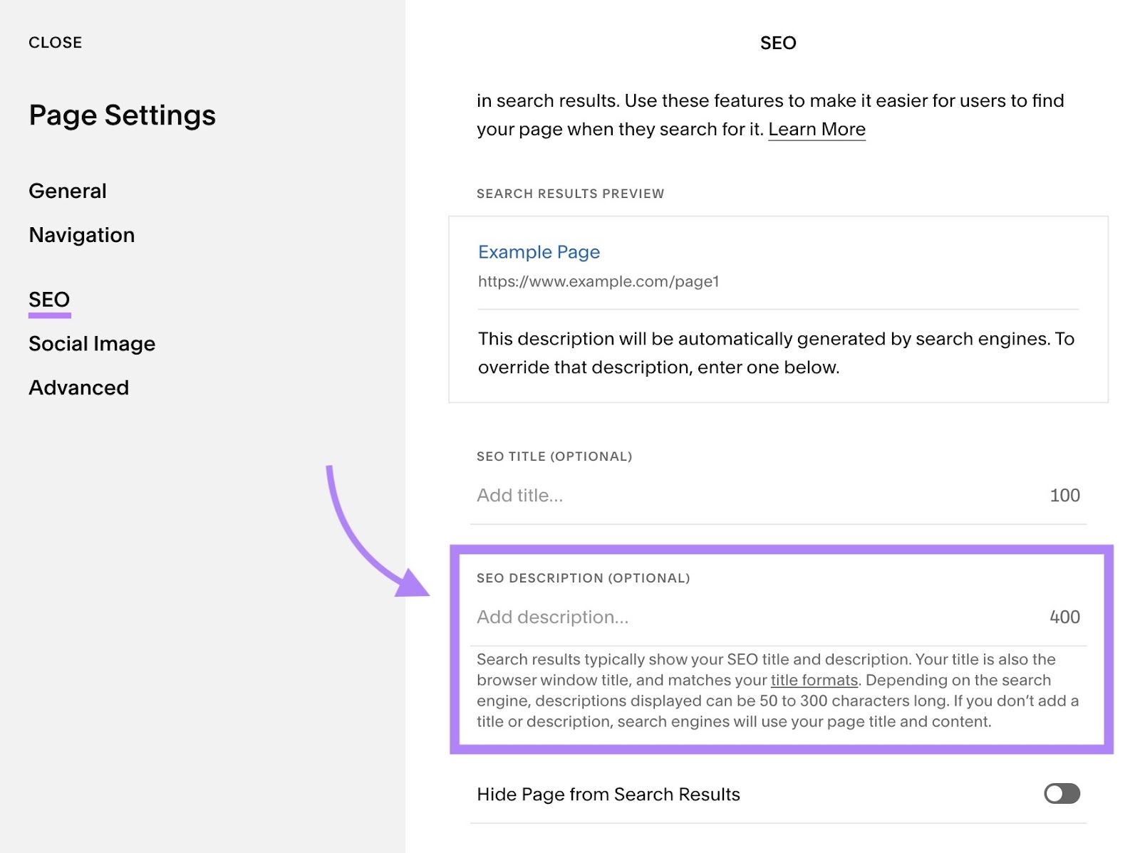SEO Settings on Squarespace with the input box to enter the meta description highlighted.