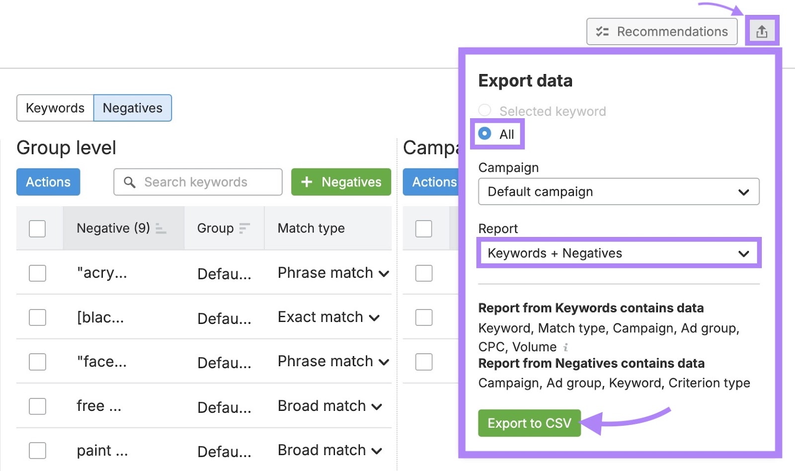 Exporting keywords from the PPC Keyword Tool by selecting the campaign, report, and clicking "Export to CSV."