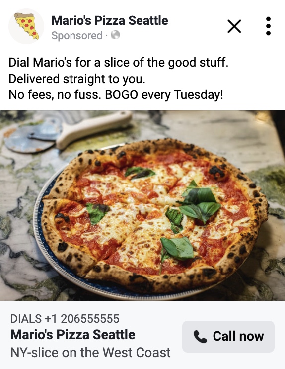Mario's Pizza Seattle Facebook ad