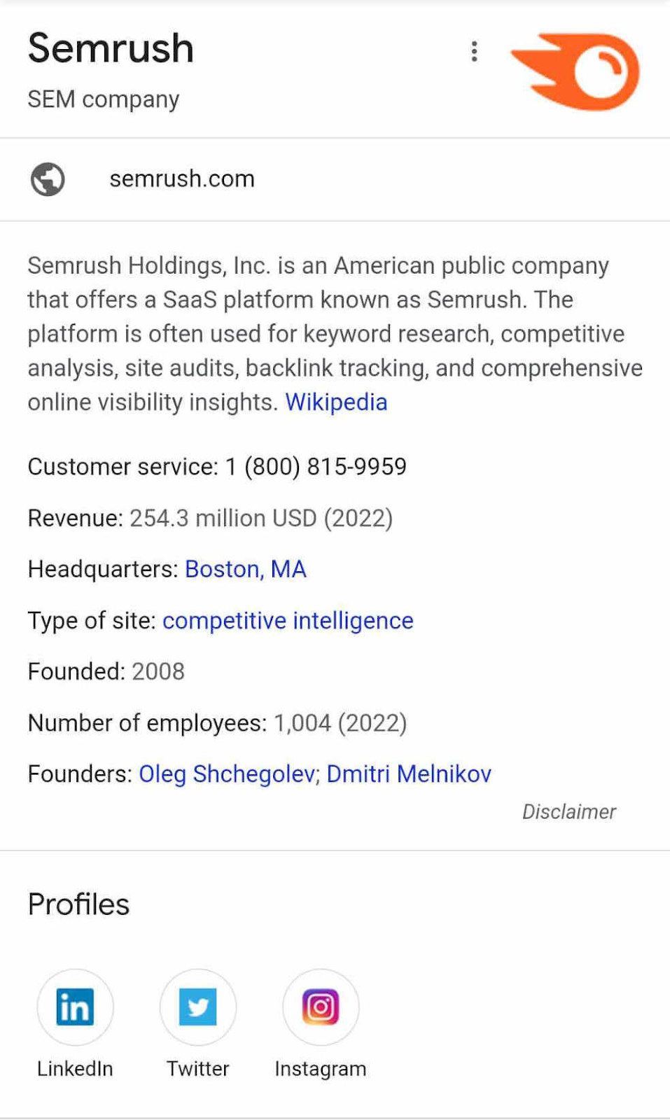 Semrush knowledge panel on mobile SERP