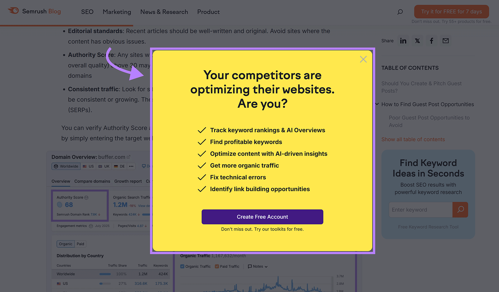 Semrush blog pop-up promoting free account with checklist of SEO optimization benefits