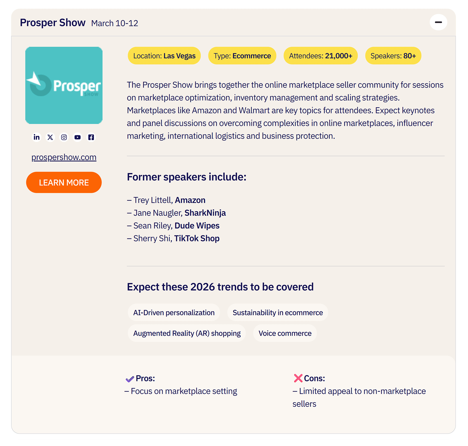 Conference entry with date, location, audience size, speakers, and pros and cons in an event-focused blog post.
