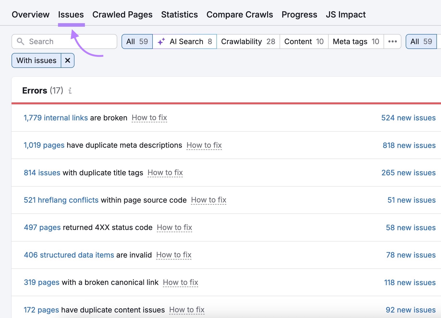 The "Issues" tab on Site Audit showing a list of errors affecting a domain.