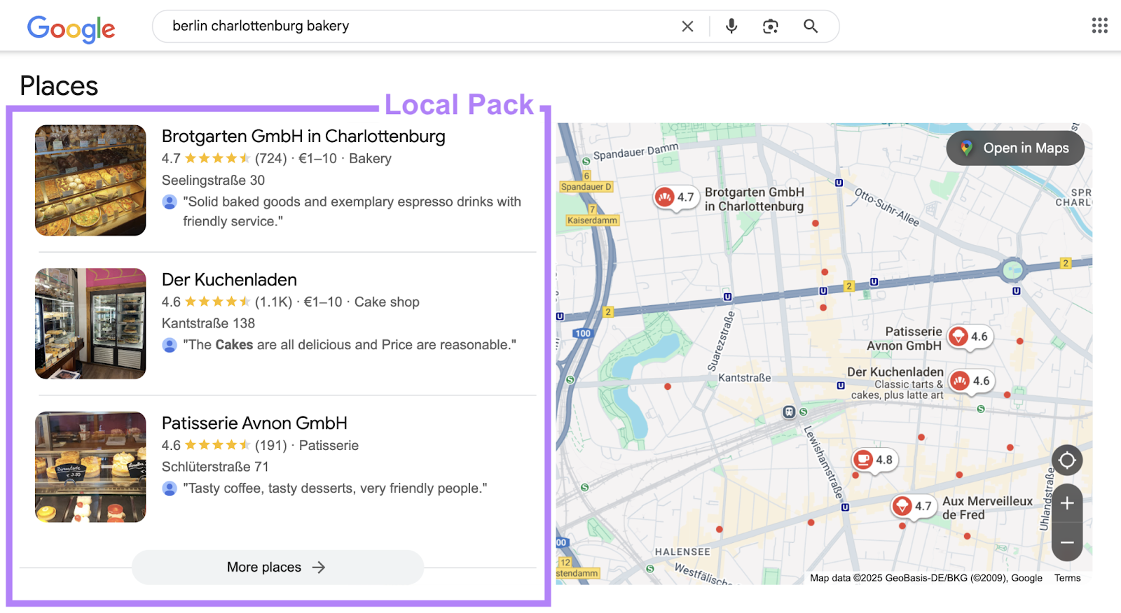 The local pack is the SERP feature labeled Places with three local business listed beside a view of Google Maps.