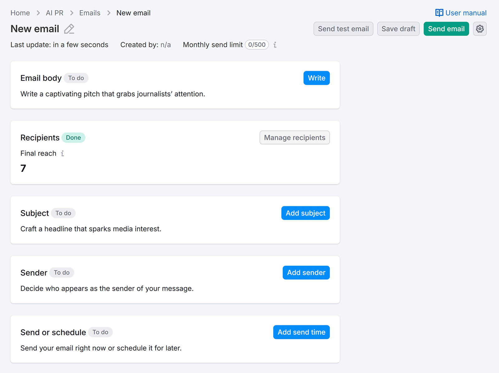 PR email editor showing steps to write a pitch, add recipients, set subject, sender, and send options.
