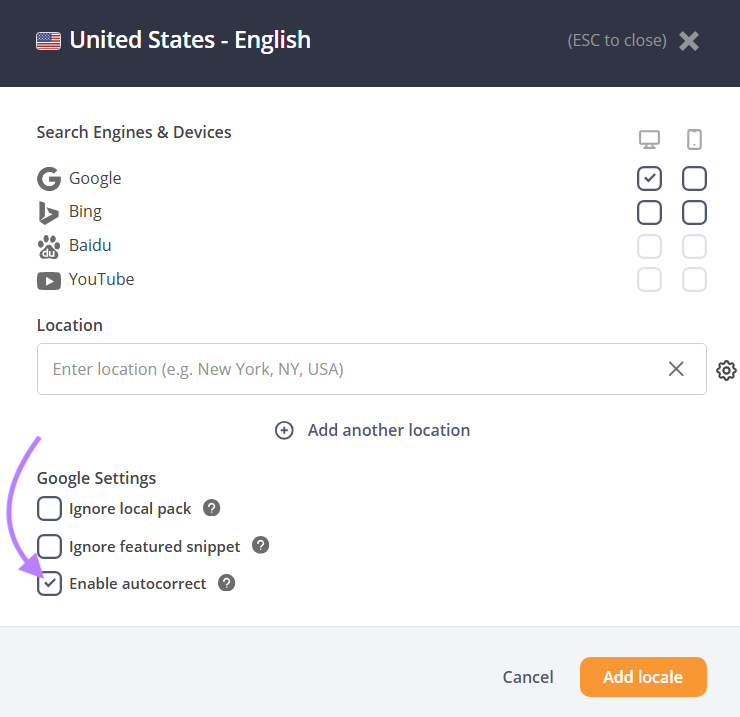 Enable autocorrect is checked.