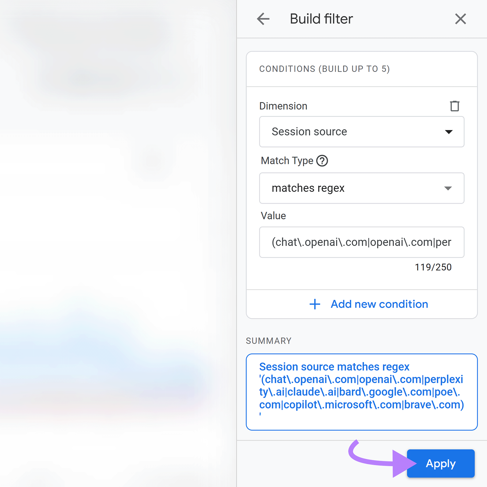 Build filter panel with session source regex entered along with the "Apply" button highlighted.