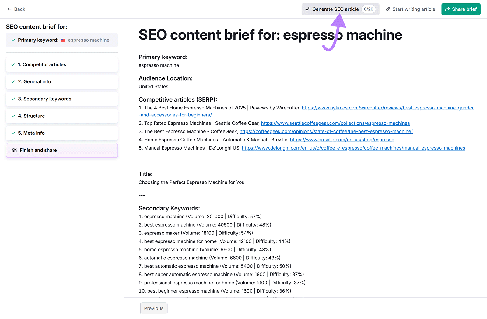 SEO content brief summary with primary keyword “espresso machine” and button highlighted to generate SEO article.