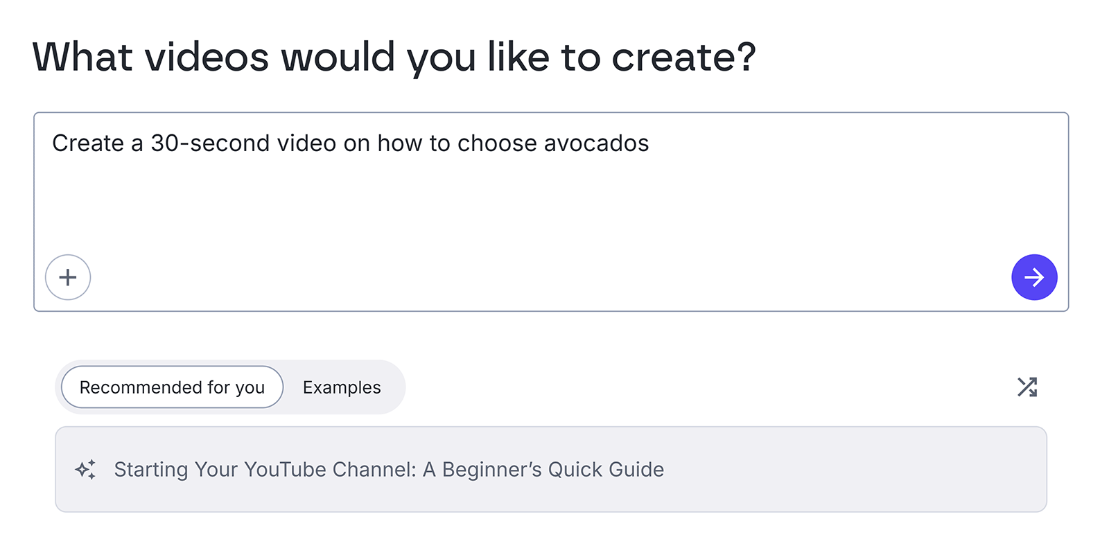 Lumen5 interface showing a text box with a prompt to create a 30-second video about choosing avocados.