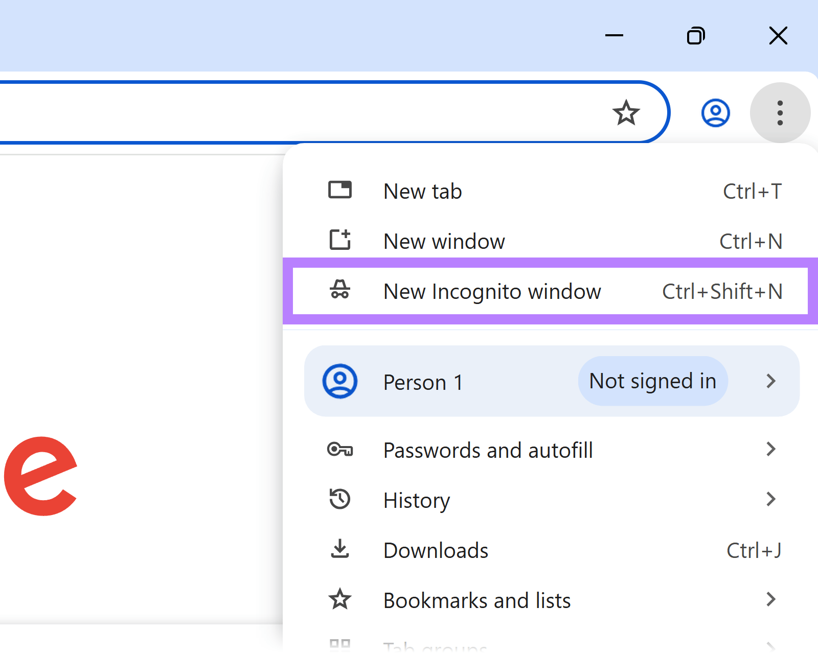 Chrome browser menu with a box around the “New Incognito window” option.