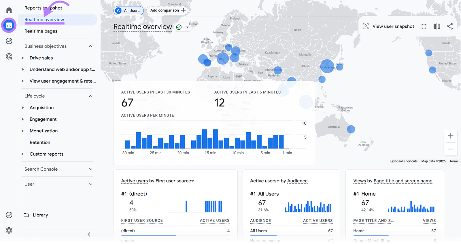 GA4 Realtime overview showing active users on a world map and activity charts