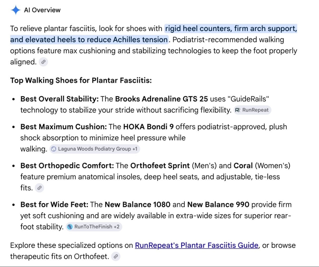 AI Overview for the term “best walking shoes for plantar fasciitis” listing features to look for and specific shoe recommendations.