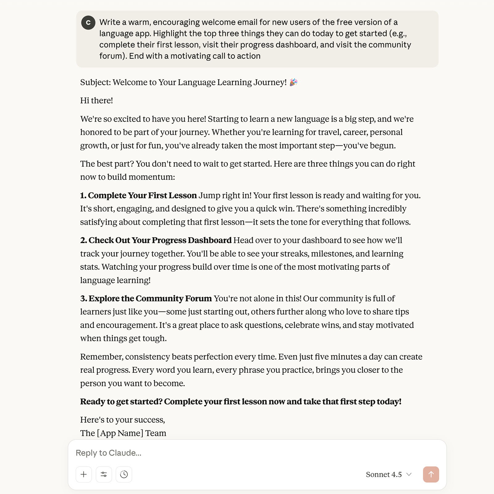Claude AI interface displaying a drafted welcome email for a language learning app with three getting-started tips.