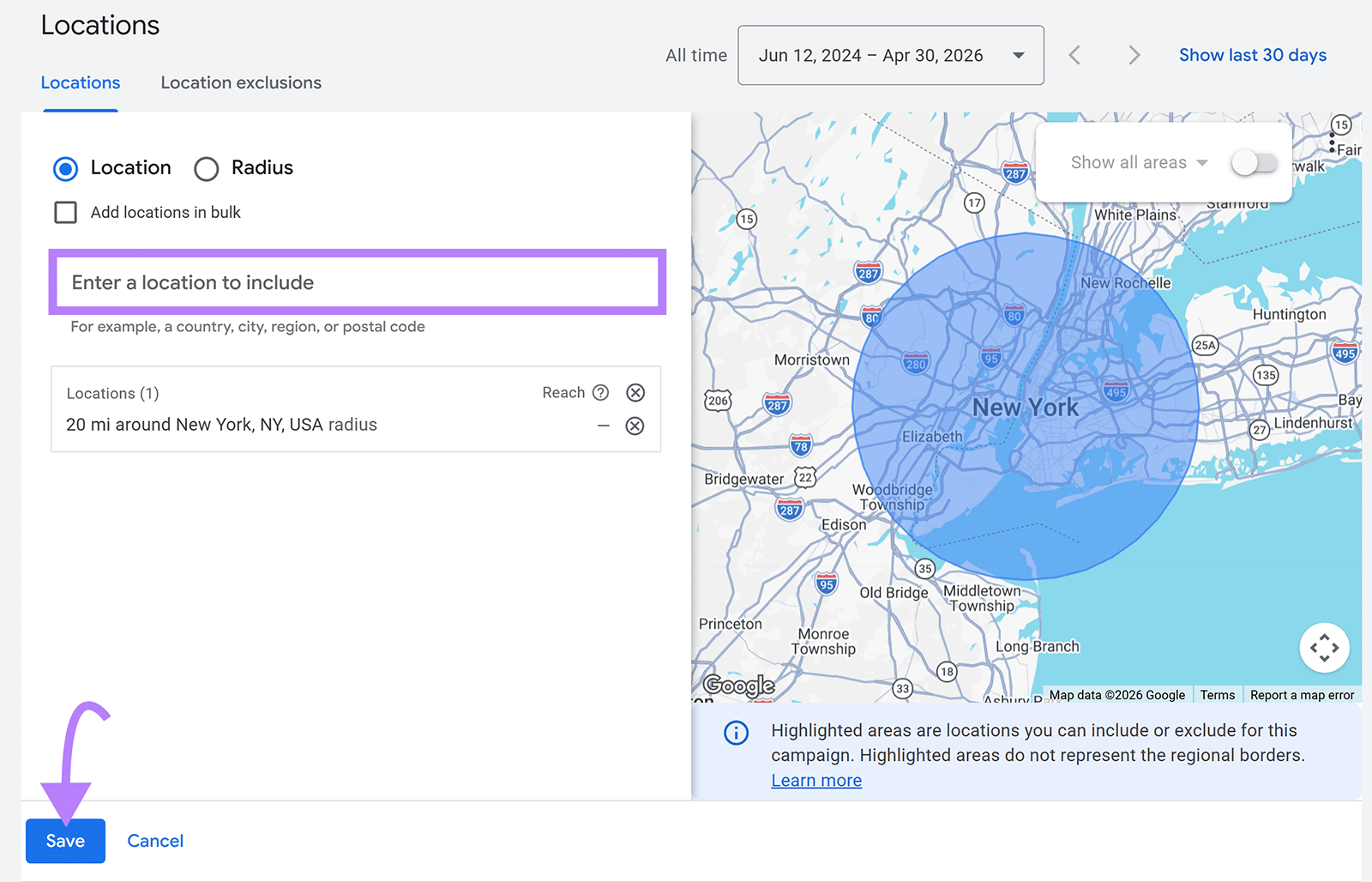 Google Ads location targeting editor showing location input field, radius map, and Save button