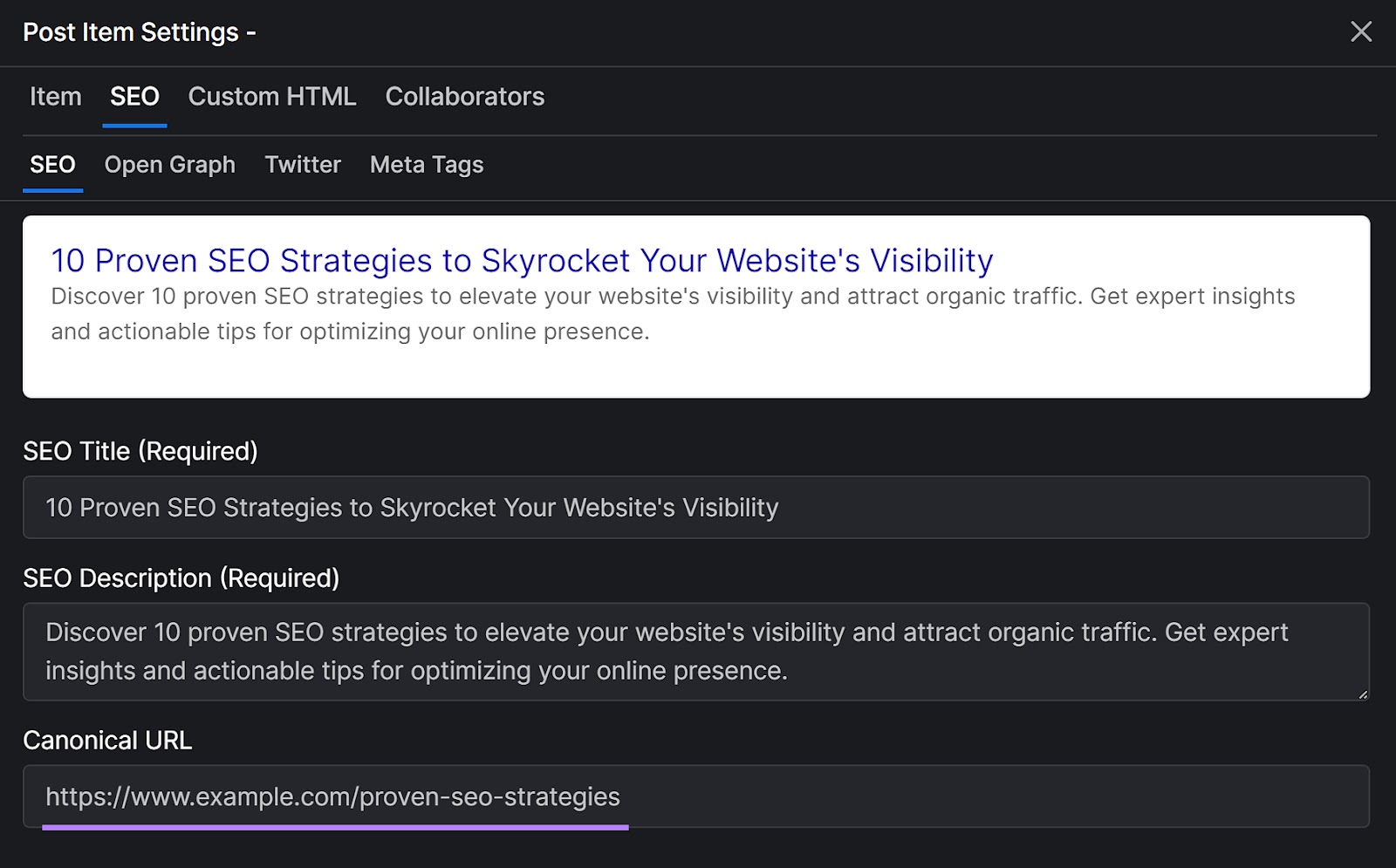 “Canonical URL” field in the “SEO” tab of the Versoly content management system.