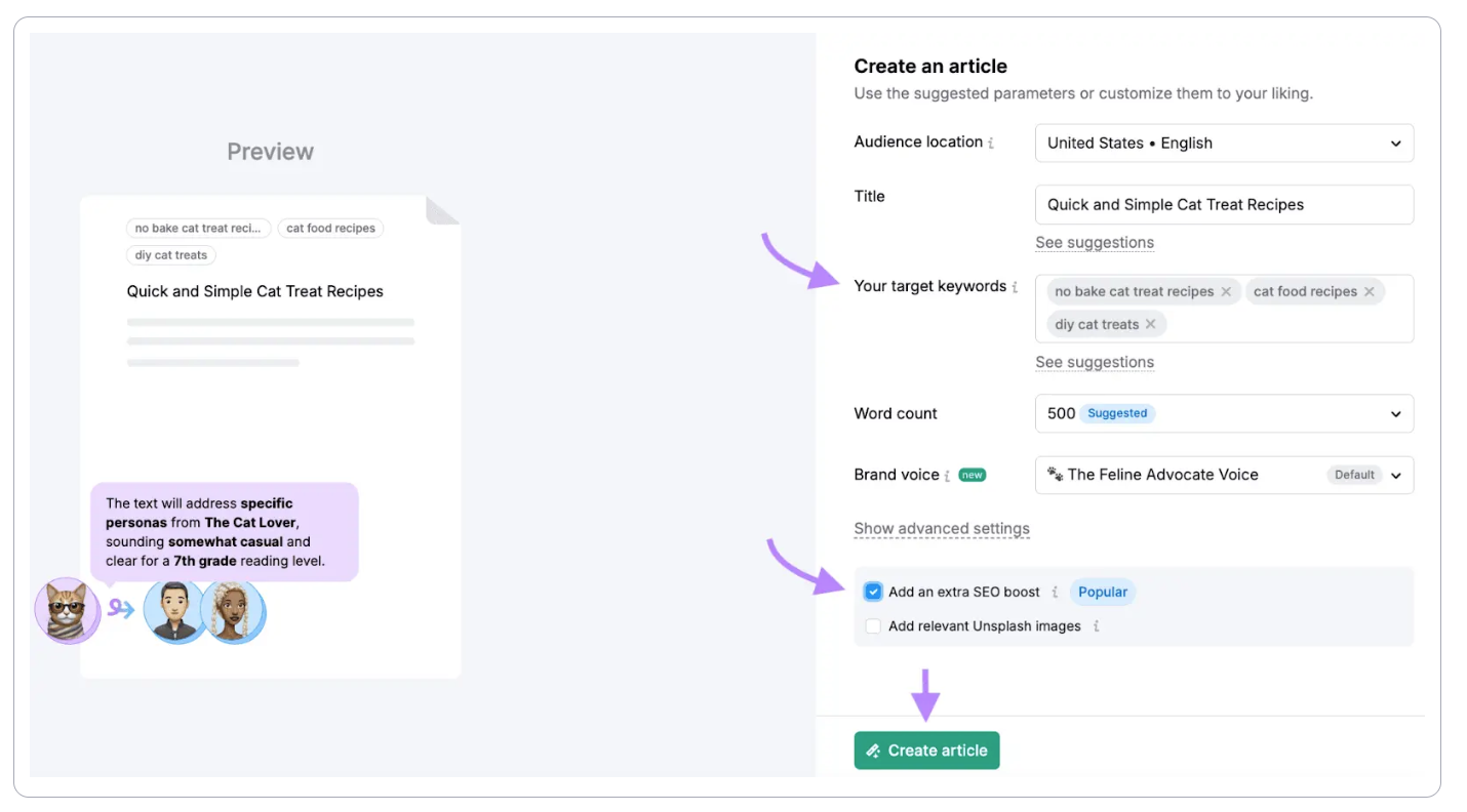 Setting up the article in Semrush Content Toolkit