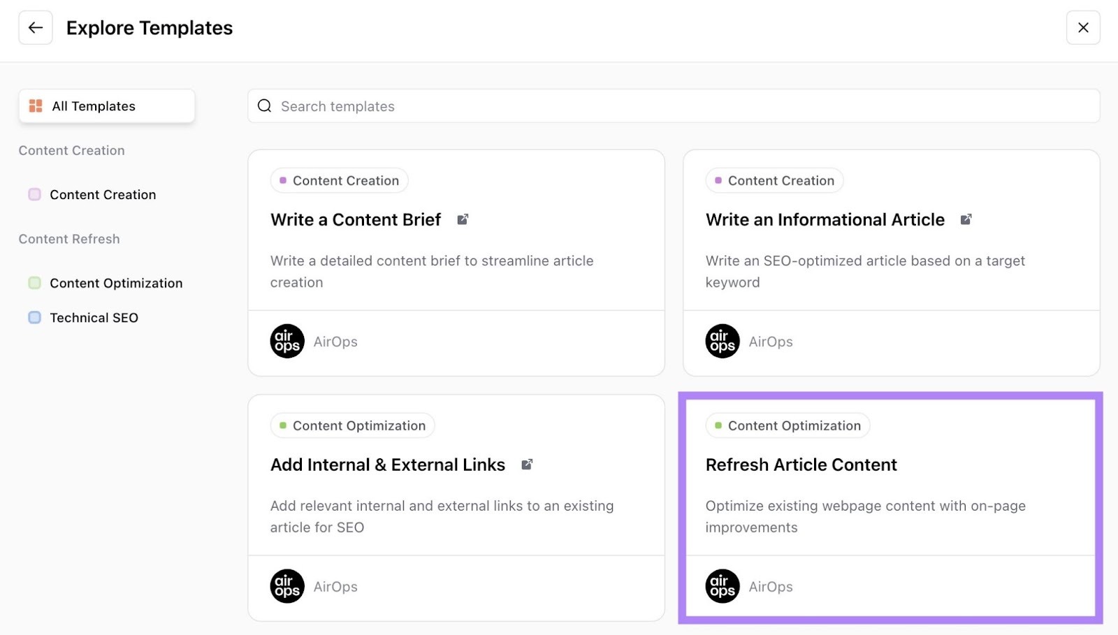 Templates on AirOps with "Refresh Article Content" clicked.