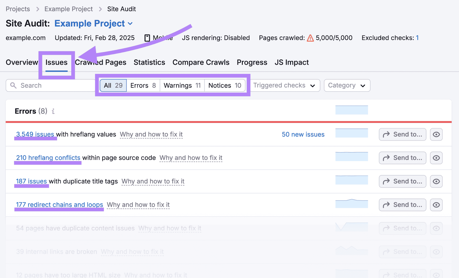Issues report in Site Audit