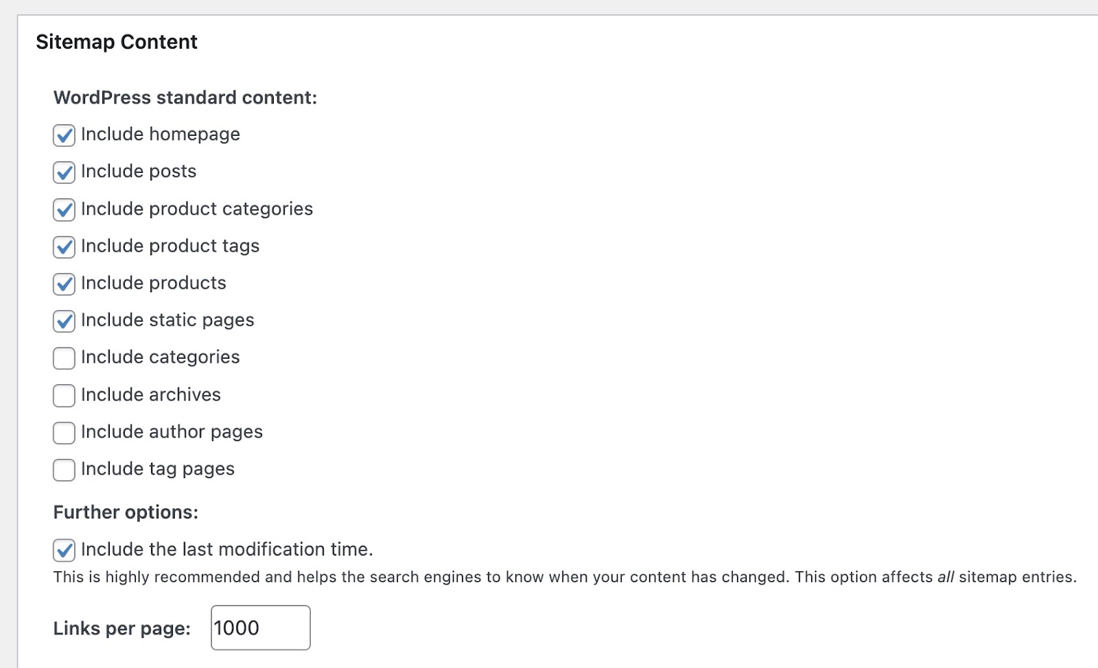 Sitemap Content configuration settings on the XML-Sitemap Generator for Google plugin on WordPress.