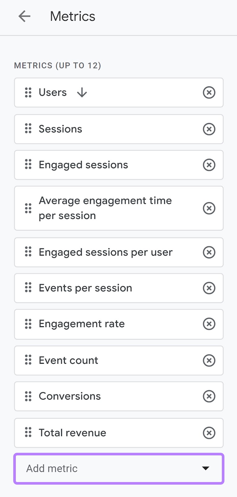 “Add metric” field highlighted at the bottom of metrics list