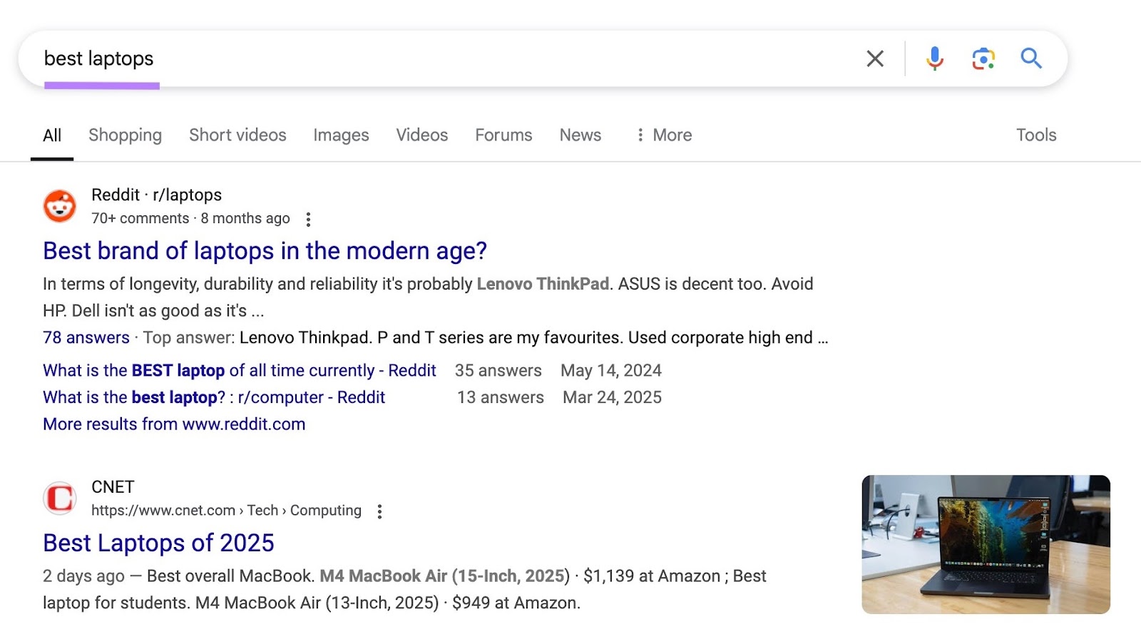 Google SERP for the commercial keyword, "best laptops," with third-party websites dominating the top organic results.
