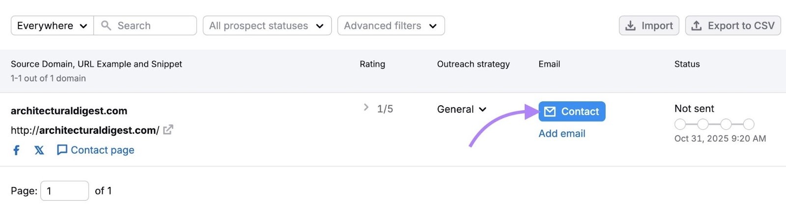 The "Contact" button next to prospect clicked on the "In Progress" tab on the Link Building tool.