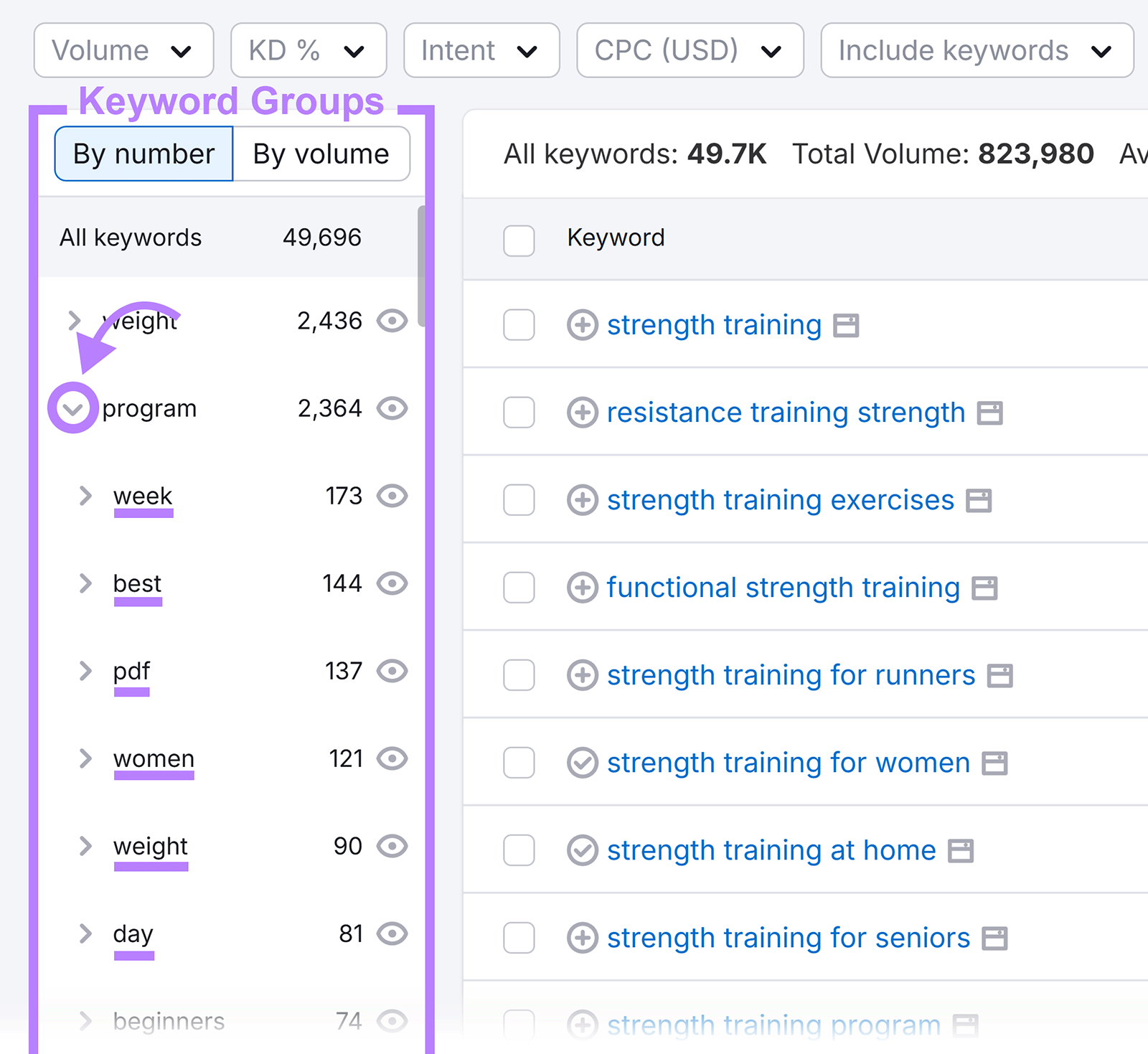 Keyword Magic Tool showing keyword groups and subgroups organized by topic and modifiers.
