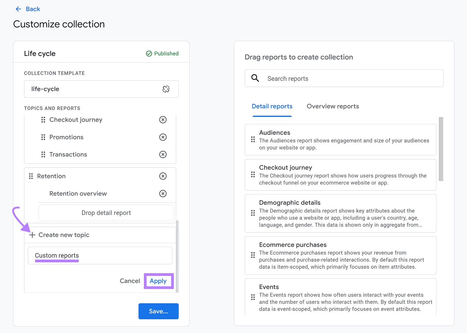 Customize collection page with arrow pointing to Create new topic, topic name entered, and Apply button highlighted