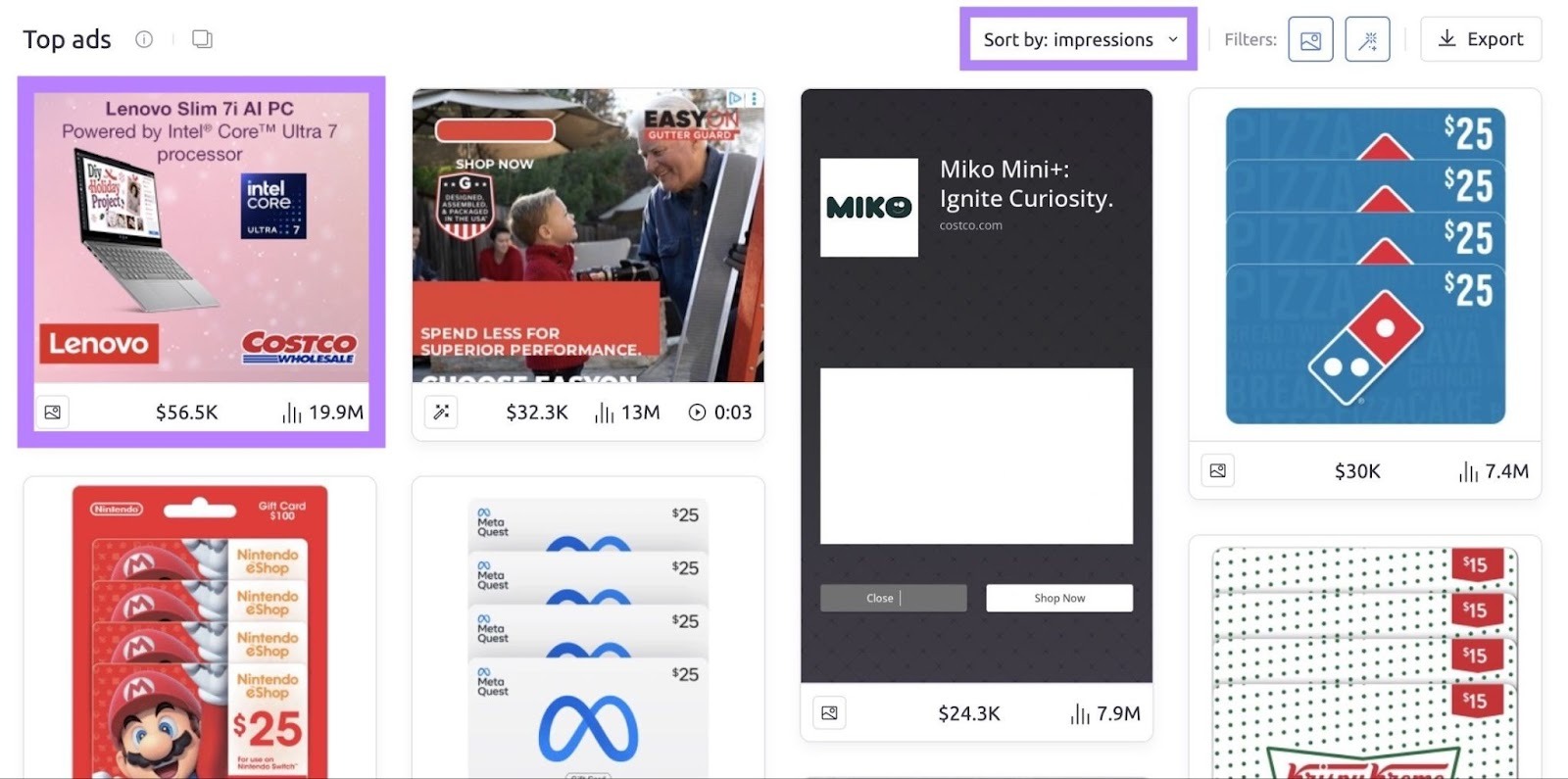 Top display ads sorted by impressions on AdClarity.