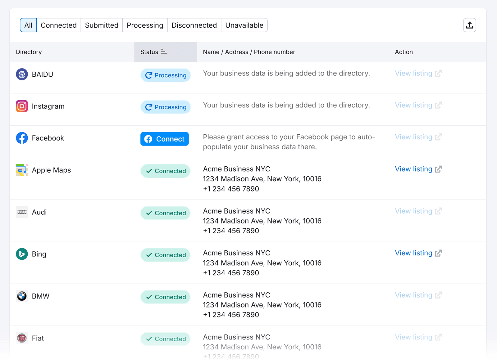 Dashboard view of business listings status showing connections to directories like Apple Maps, Audi, and Bing