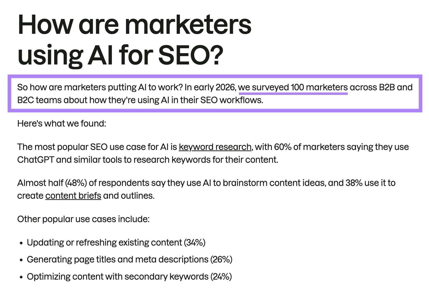 A blog post by Semrush highlighting how they've surveyed 100 marketers to compile the article.