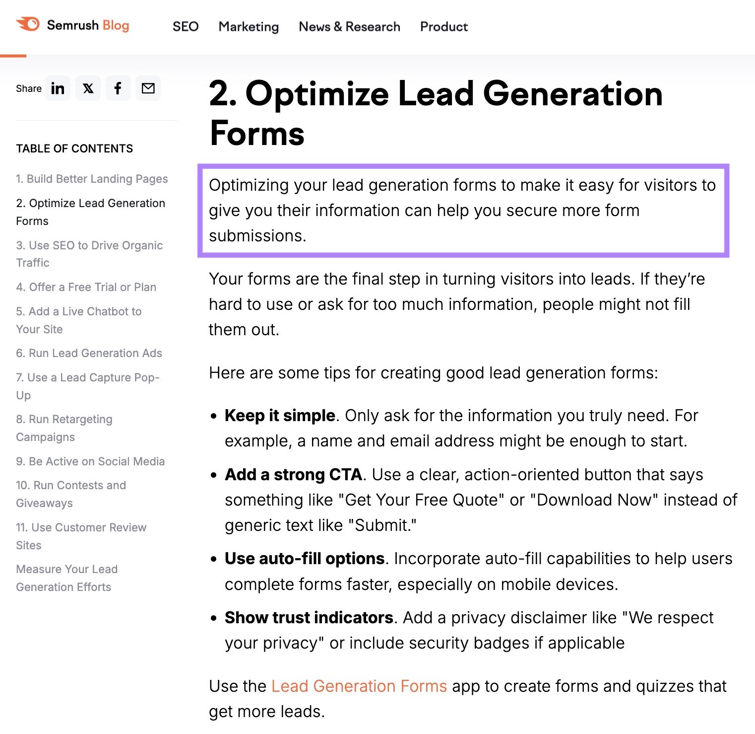 BLUF approach used on a blog post with the section jumping straight into how better forms drive more leaders before actionable tips.