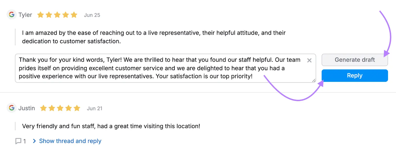 The tool has a mode to generate the draft with AI and to reply within the tool itself across review platforms.