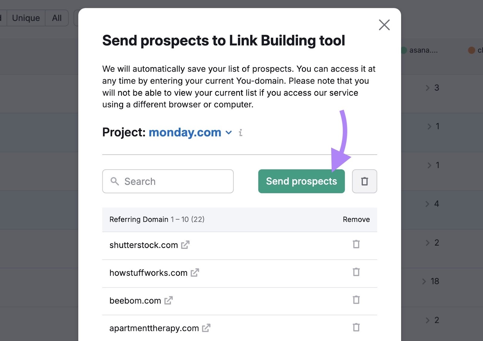 A list of selected prospects and "Send prospects" clicked on the Backlink Gap tool.