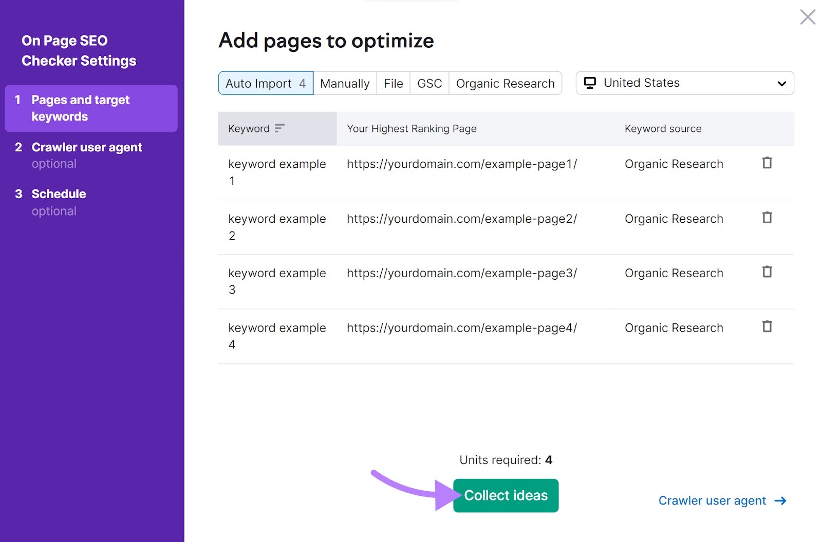 Pages and target keywords step with pages added and arow pointing to Collect ideas button.