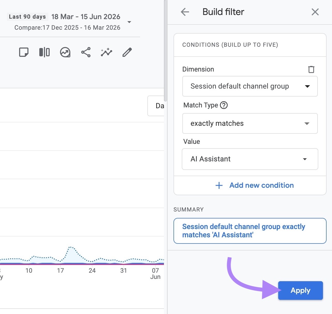 Build filter window with session default channel group set to "AI Assistant" along with the "Apply" button highlighted.