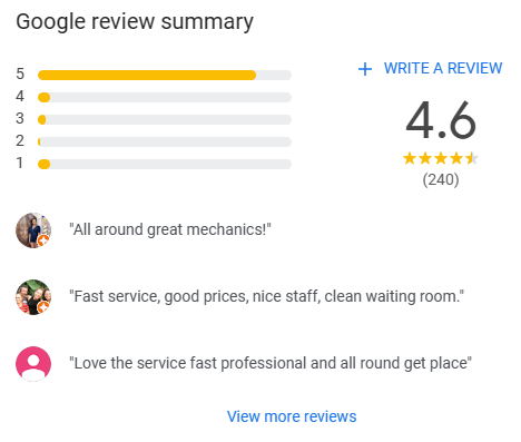 Google reviews for local car mechanics.