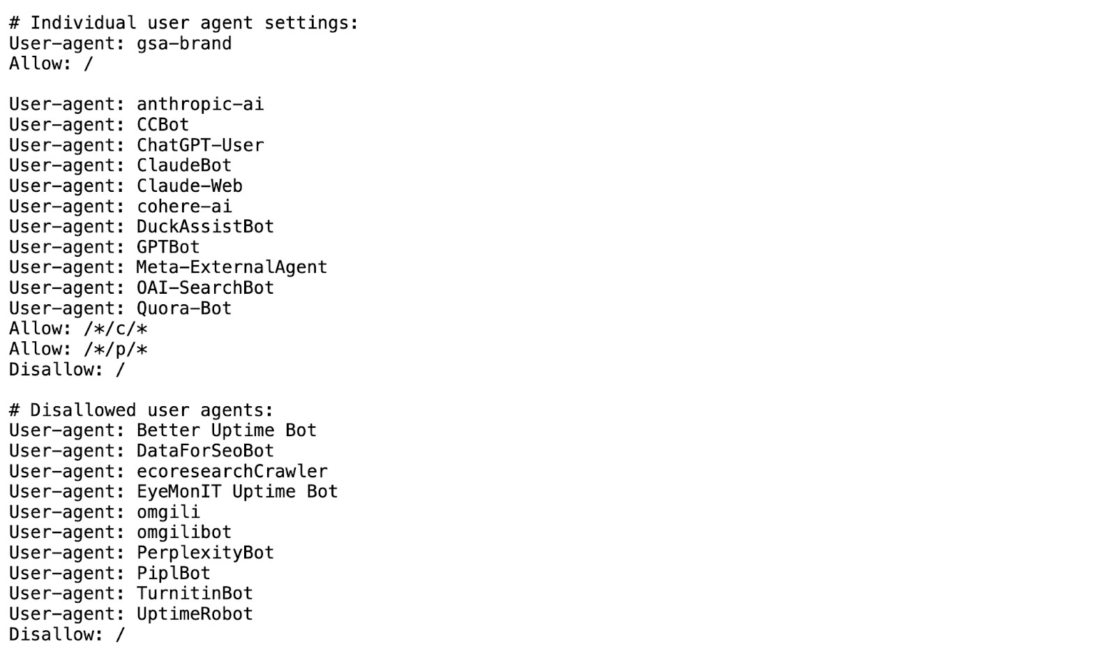 A robots.txt file showing a list of crawlers allowed and disallowed.