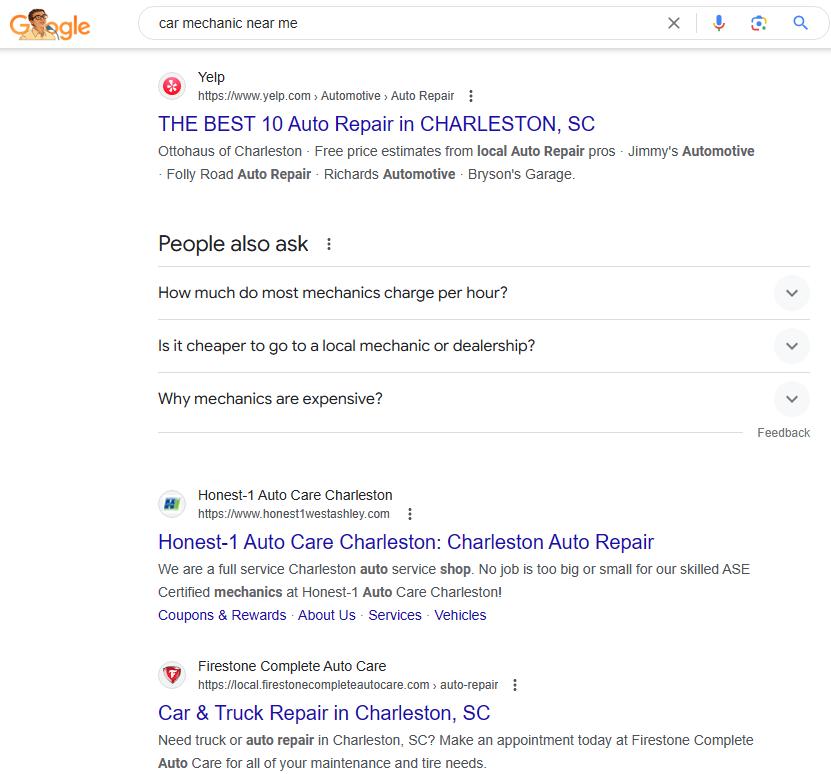 Organic results for local car mechanics.