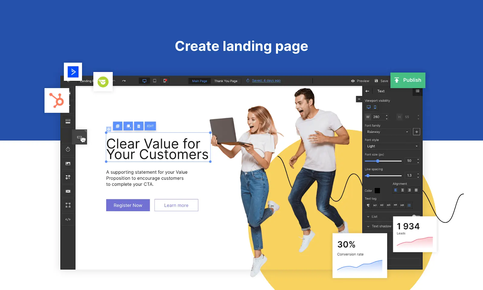 Landing page showing editor dashboard with headline, register button, and publish option