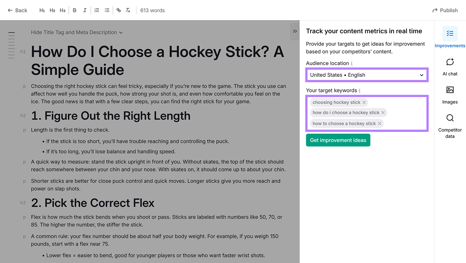 Content editor with selected audience location and highlighted target keywords panel.