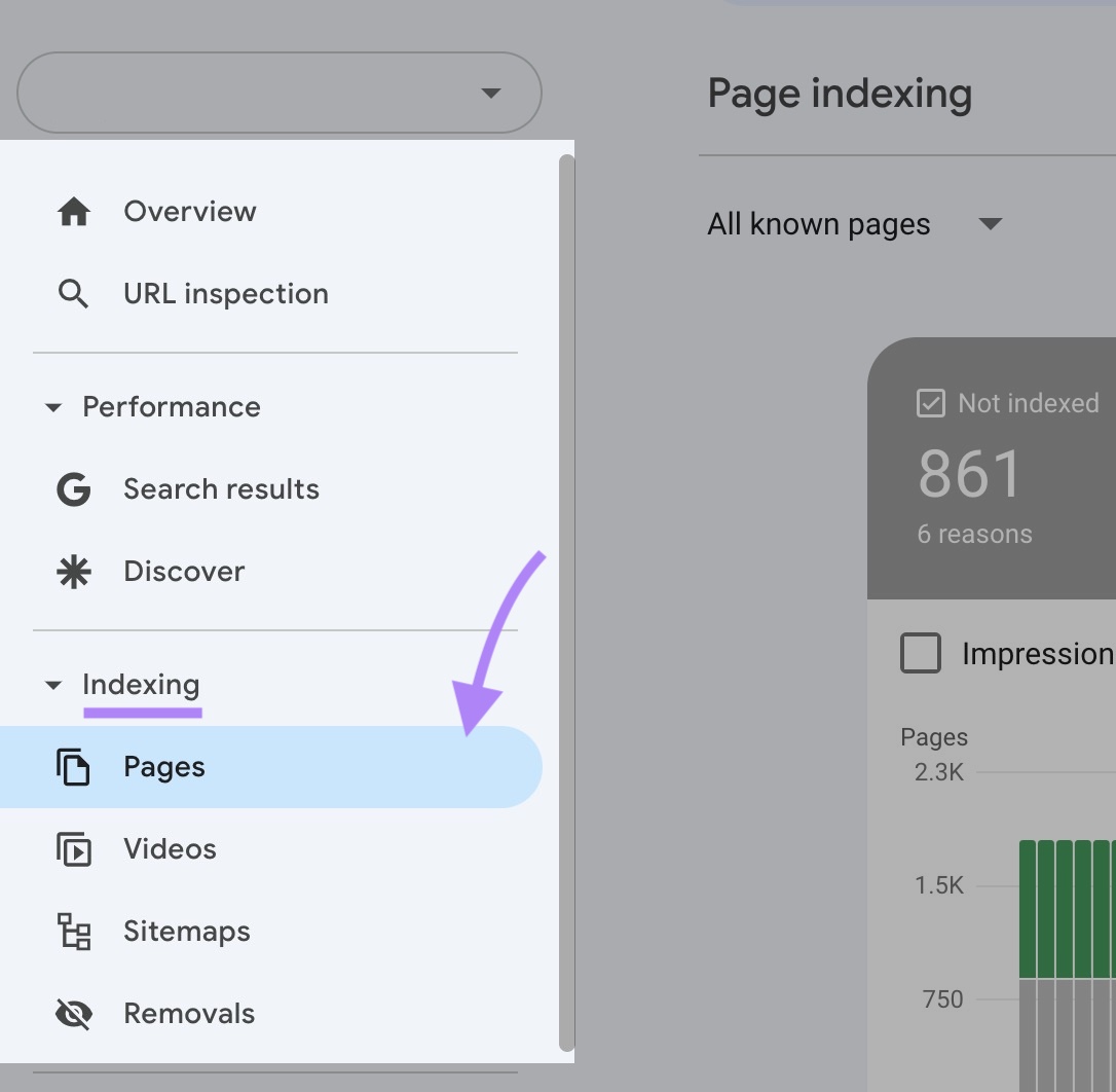 Google Search Console with "Pages" below "Indexing" clicked on the left sidebar.