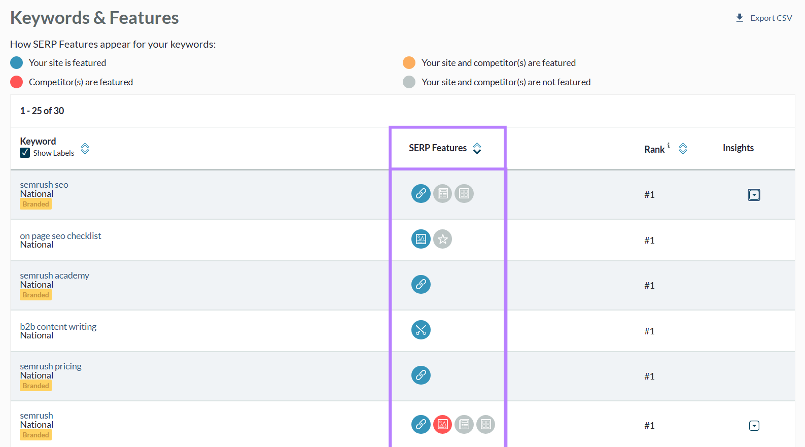 SERP Features column shows an icon for each one present.